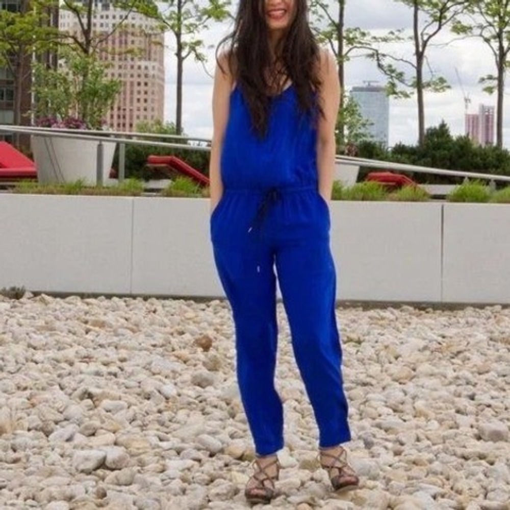 Club Monaco Silk Tapered Leg Sleeveless Drawstring Waist Jumpsuit 0 Royal Blue